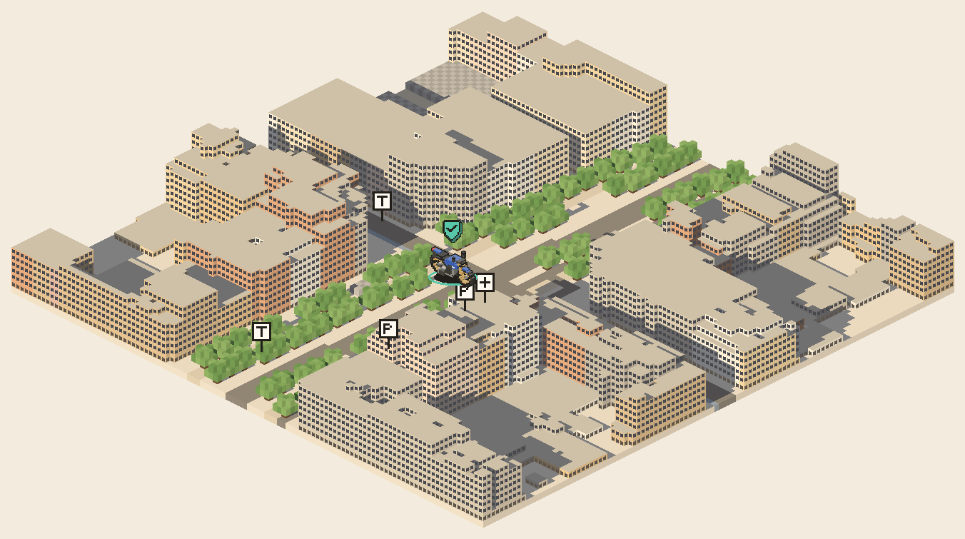 Isometric pixel-art city blocks in daylight, with a protected motorcycle parked on a tree-lined avenue.