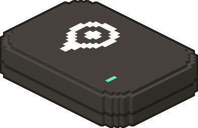 Concept illustration of a small, rounded, dark tracker with the OTEO pin on its lid and a green status light.